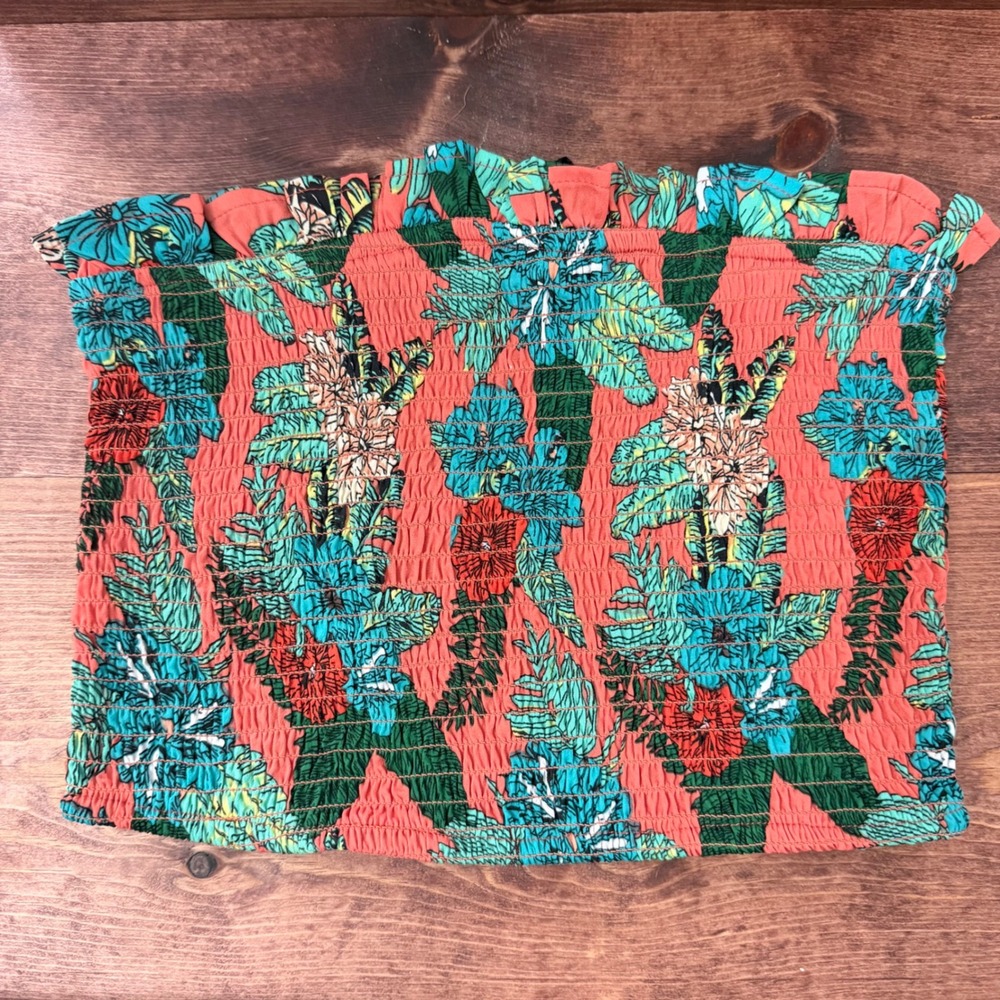 Influence Coral Tropical Floral Smocked Tube Top Ruffle Strapless Bodice